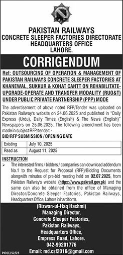Pakistan Railways Lahore Tender Notice-1